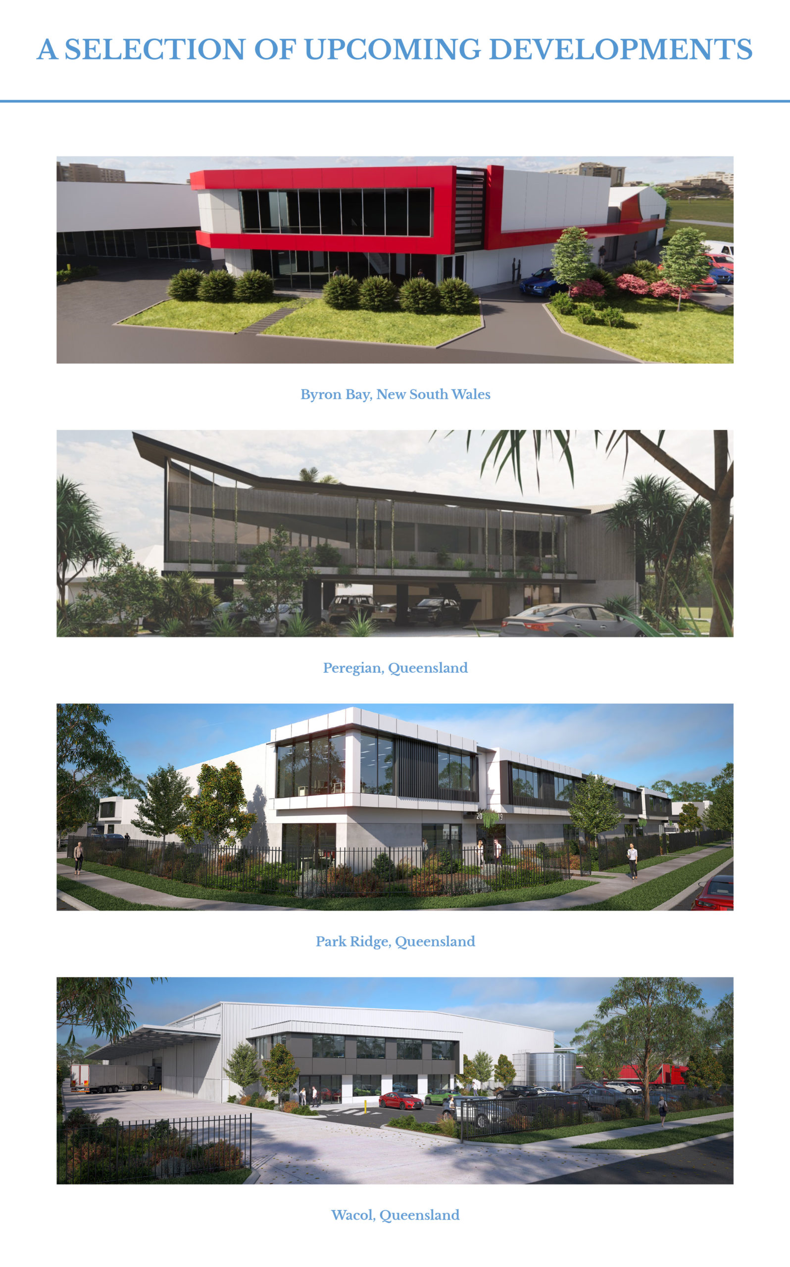 A SELECTION OF UPCOMING DEVELOPMENTS Byron Bay, New South Wales Peregian, Queensland Park Ridge, Queensland Wacol, Queensland
